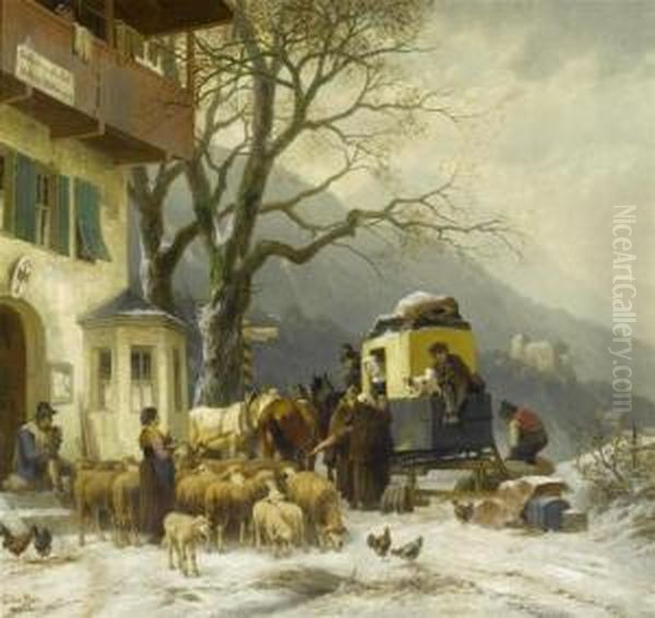 Stage Coach Before An Inn. Oil Painting by Christian Friedrich Mali