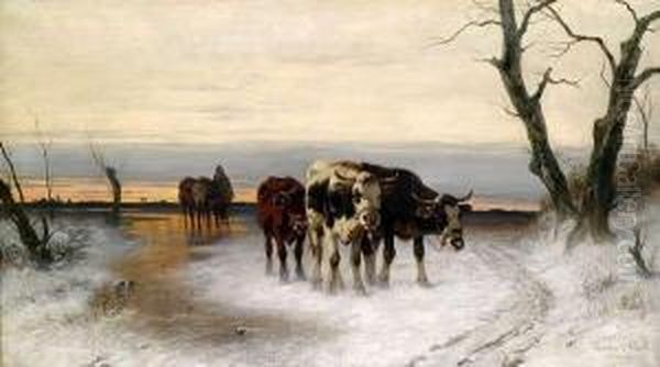 Cattle Drive In A Wintry Landscape Oil Painting by Christian Friedrich Mali