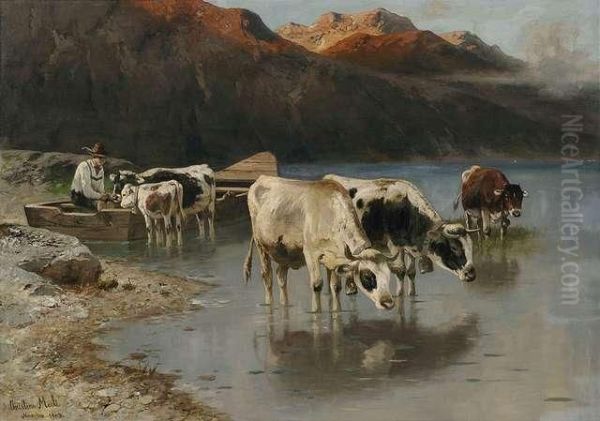 Cattle At Lakeside Oil Painting by Christian Friedrich Mali