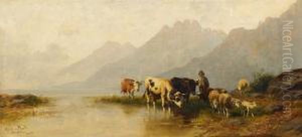 Viehherde Am Ufer Einesgebirgssees Oil Painting by Christian Friedrich Mali