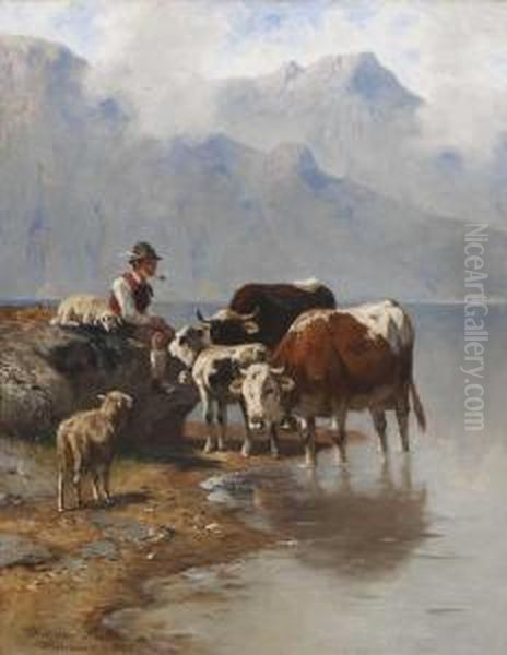 Hirtenjunge Mit Schafen Und Rindern Am Seeufer Oil Painting by Christian Friedrich Mali