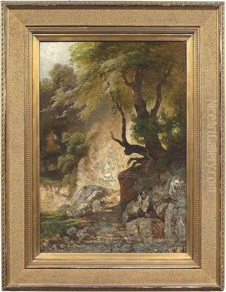 Rocky Landscape With Trees. Oil/canvas, Rest Of A Signature And Dated, Verso Inscribed 'oil Sketch For Mathilde Grunenwald' Oil Painting by Johann Jan Cornelius Mali