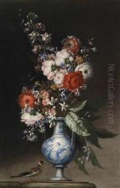 A Bouquet Of Flowers In A Blue Paintedearthenware Vase And A Titmouse Oil Painting by Nicola Malinconico