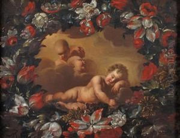 Gesu Bambino Dormiente Con Tre Cherubini, Entroghirlanda Di Fiori Oil Painting by Nicola Malinconico