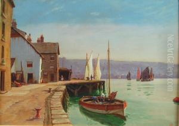 Fishermen Docked In Harbour Oil Painting by J.M. Mallander