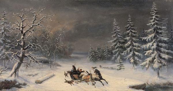 Traineau Attaque Par Des Loups Oil Painting by Louis-Claude Mallebranche