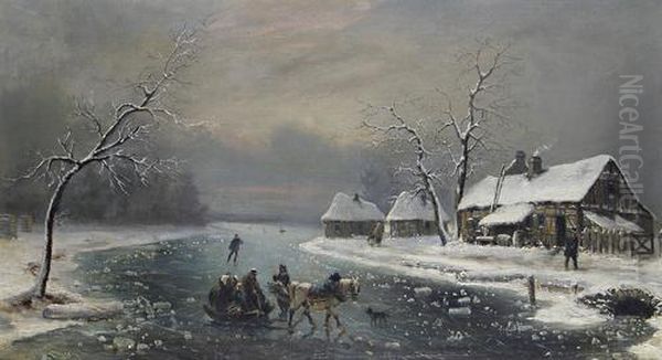 Crossing A Frozen Lake Oil Painting by Louis-Claude Mallebranche