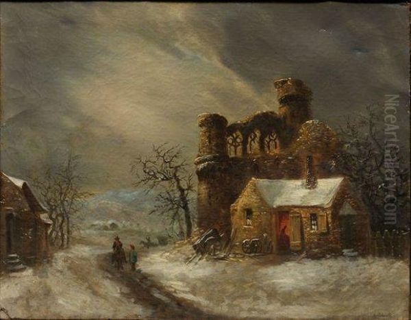 Un Chateau En Ruine Sous La Neige Oil Painting by Louis-Claude Mallebranche