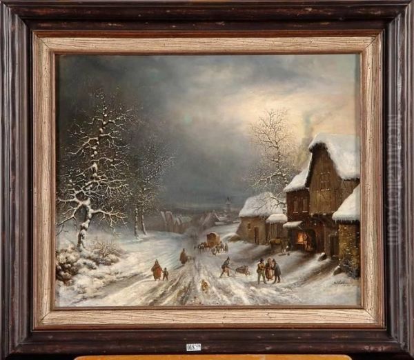 Coin De Village Anime Sous La Neige Oil Painting by Louis-Claude Mallebranche