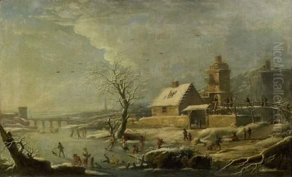 Paysage D'hiver Anime De Personnages Et Patineurs Oil Painting by Louis-Claude Mallebranche