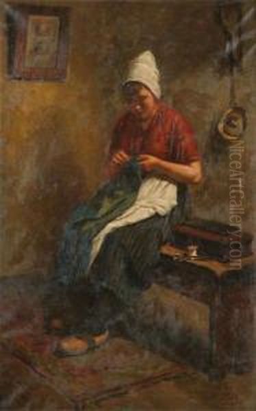 Interior With Seamstress Oil Painting by Edouard Mallentjer