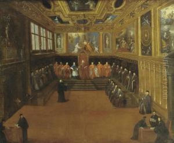 The Doge And Senators In The Sala Del Collegio, Palazzo Ducale, Venice Oil Painting by Pietro Malombra