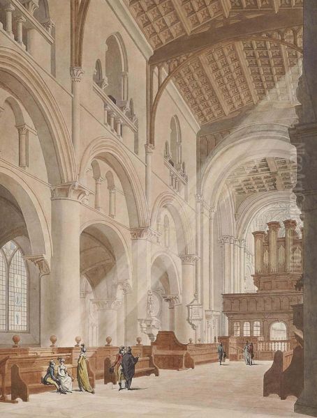 Elegant Figures In Christ Church Cathedral, Oxford Oil Painting by Thomas The Younger Malton