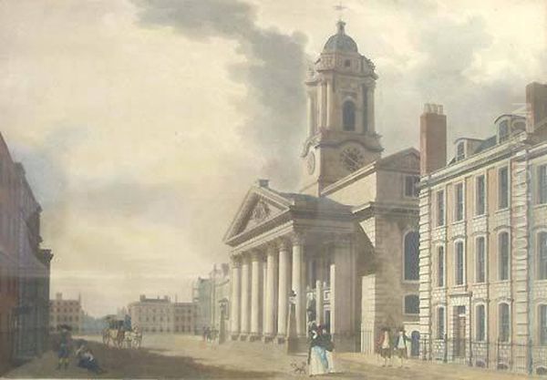 Prncipal Front Of The Bank Of England; The Mansion House; King Street Guildhall; St George's, Hanover Square Oil Painting by Thomas The Younger Malton