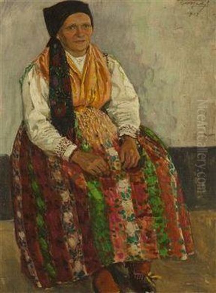 A Women In A Folk Costume Oil Painting by Vaclav Maly