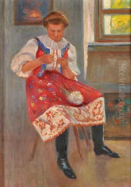 Agirl In A National Folk Costume Oil Painting by Vaclav Maly