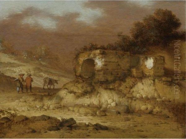 A Landscape With Ruins And Figures Driving A Donkey Oil Painting by Jacobus Sibrandi Mancandan