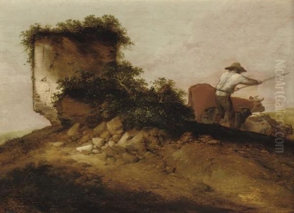 A Rocky Landscape With A Herdsman And His Cattle And Goats Oil Painting by Jacobus Sibrandi Mancandan