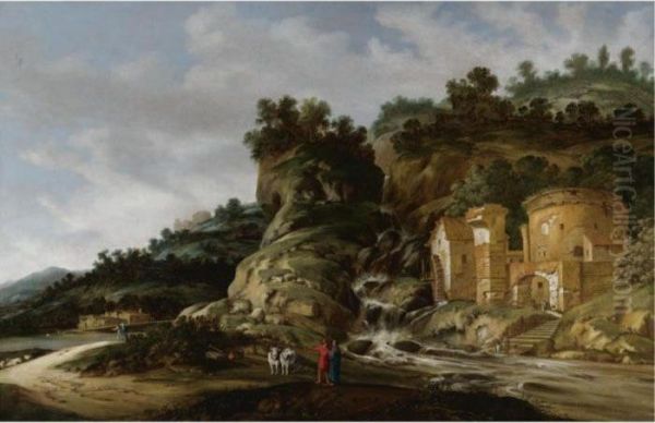 Hilly Landscape With Cincinnatus Being Called To Rome Oil Painting by Jacobus Sibrandi Mancandan