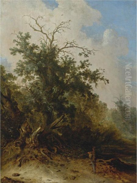 A Woodman Standing Before A Blasted Oak On A Forest Path Oil Painting by Jacobus Sibrandi Mancandan