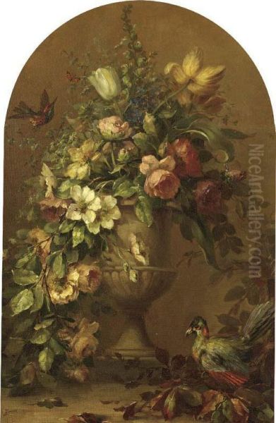 Flowers In A Stoneware Vase With Tropical Birds Oil Painting by Lucien Manceau