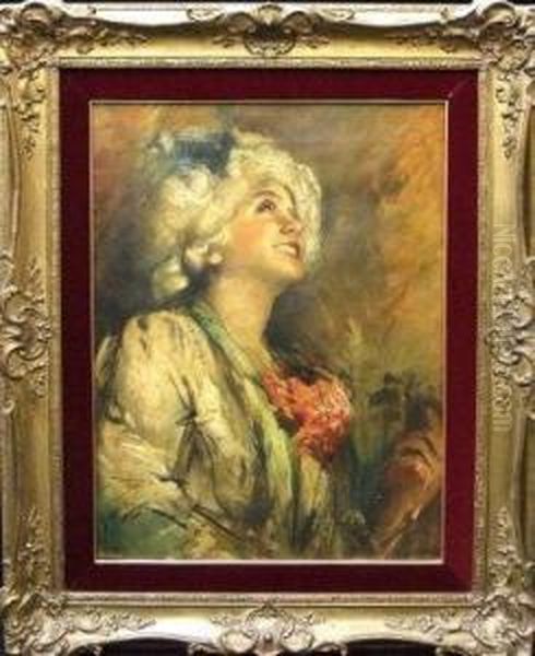 Portrait Of A Lady With Pink Flowers Oil Painting by Antonio Mancini