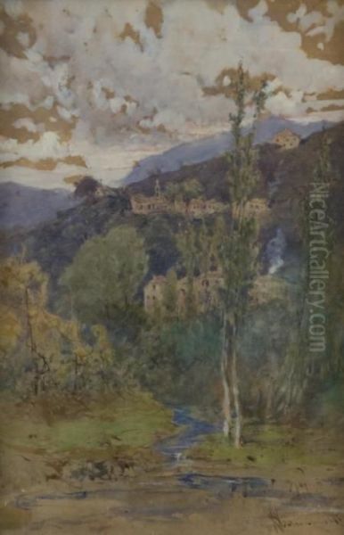 Paesaggio Collinare Con Paese E Ruscello Oil Painting by Francesco, Lord Mancini