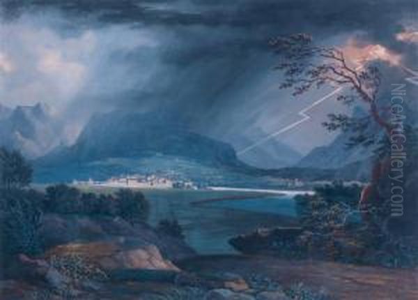 Scene D'orage Dans Un Paysage Montagneux En Italie ( Oil Painting by Alphonse N. Michel Mandevare