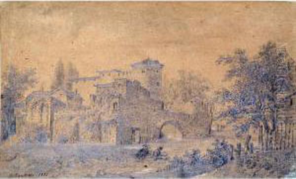 Abbaye En Ruine. Crayon Sur Papier. Signe Et Date 1832 En Bas A Gauche. 15 X 25 Cm Oil Painting by Alphonse N. Michel Mandevare