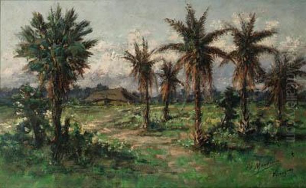 A Tropical Landscape With Palm Trees, Paraguay Oil Painting by Edouard Jean Marie Manduau