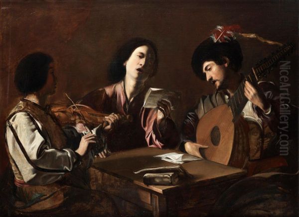 Playing Music Oil Painting by Bartolomeo Manfredi