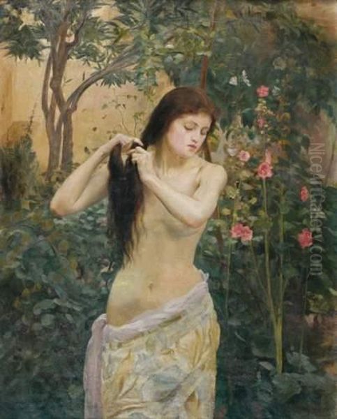 Jeune Fille Aux Roses Tremieres Oil Painting by Marcel Mangin