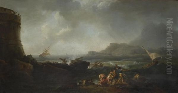 A Shipwreck In Stormy Seas Oil Painting by Adriaen Manglard