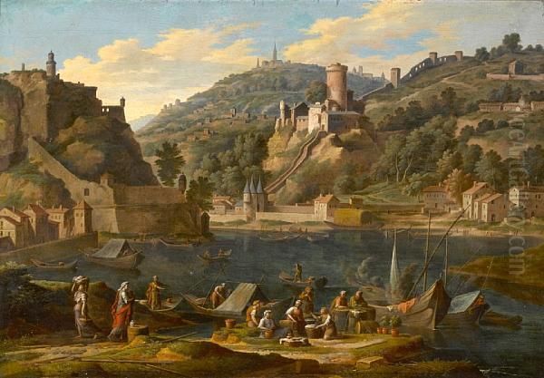 A Harbor With Figures On A Quay And A Hill Town Beyond Oil Painting by Adriaen Manglard