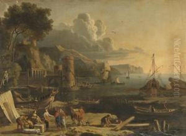 Mediterranean Port Scene Oil Painting by Adriaen Manglard