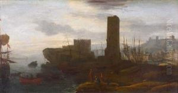 Tours Carrees Aux Abords D'un Port Mediterraneen Oil Painting by Adriaen Manglard