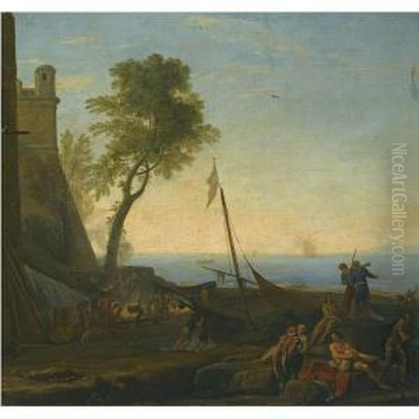 A Coastal Scene By A Harbour With A Boat And Figures In Theforeground Oil Painting by Adriaen Manglard