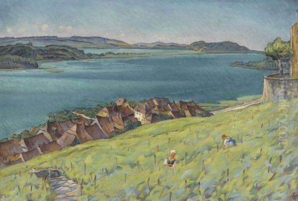 Blick Oberhalb Von Ligerz Auf Den Bielersee Oil Painting by Burkhard Mangold