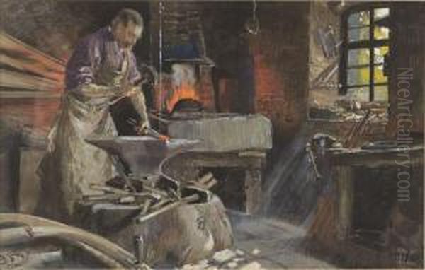 Blacksmith At Work Oil Painting by Burkhard Mangold