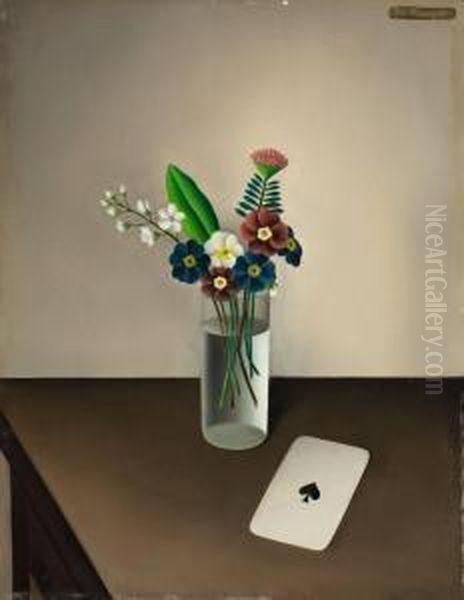 Blumenstilleben Mit Spielkarte Oil Painting by Josef Mangold