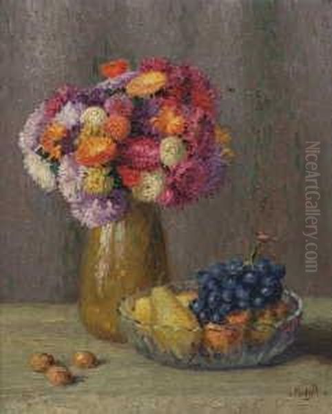 Stilleben Mit Astern Und Fruchtschale (bunter Straus) Oil Painting by Josef Mangold