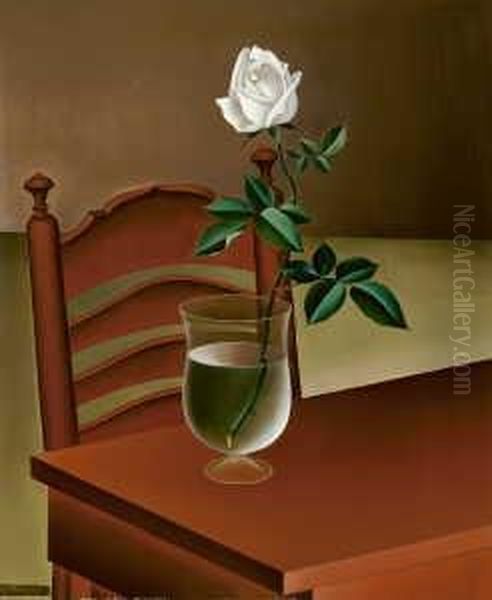 Stilleben Mit Weiser Rose In Einer Glasvase Oil Painting by Josef Mangold