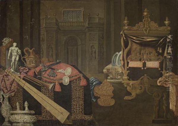 Classical Ewers, A Statue, Musical Instruments, Mirrors And Other Objects On A Draped Table Top, In A Classical Interior Oil Painting by Carlo Manieri