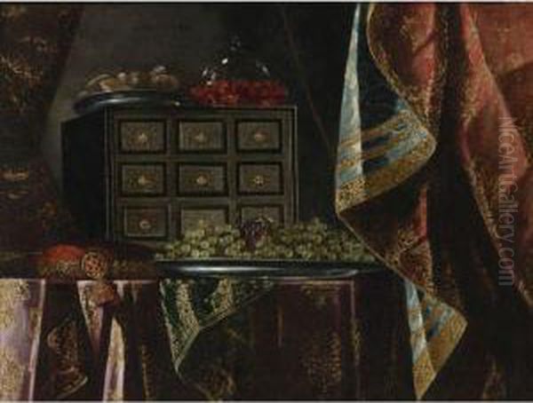 Still Life Of A Chest, Fruit And Other Objects On A Brocadedraped Table Oil Painting by Carlo Manieri