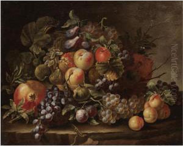 Still Life With Grapes, Apples, Plums, Peaches And Pomegranates On A Stone Ledge Oil Painting by Carlo Manieri