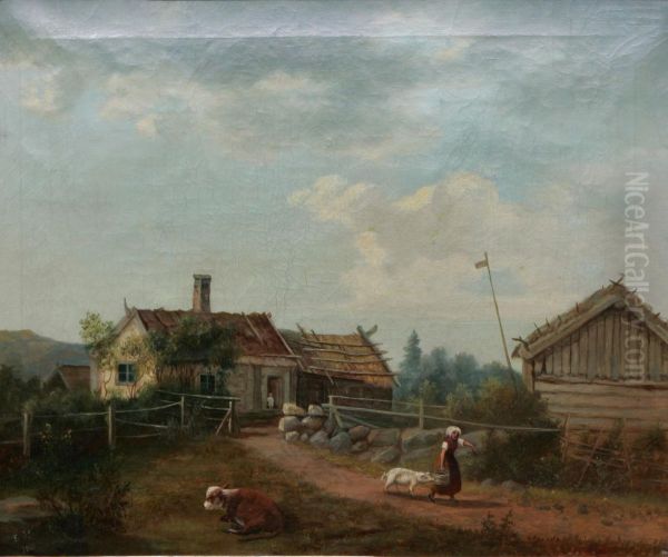 Bondgard Med Arbetande Kvinna Oil Painting by Emil Theodor Mankell