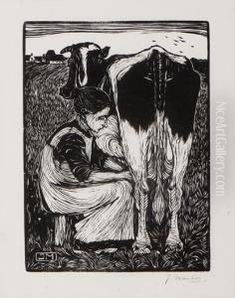 The Milking Of The Cow Oil Painting by Jan Mankes