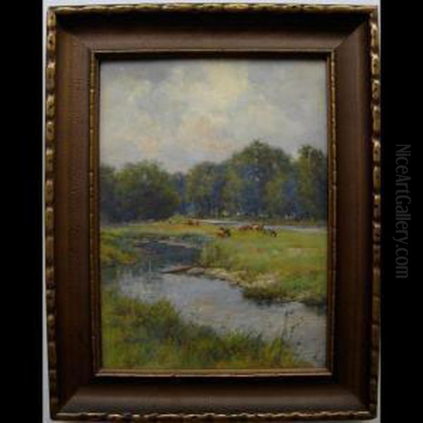 Grazing Cattle By River Oil Painting by Charles Macdonald Manly