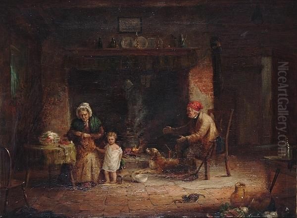 An Old Couple Before A Fireside In A Cottage Interior Oil Painting by Edward Mann