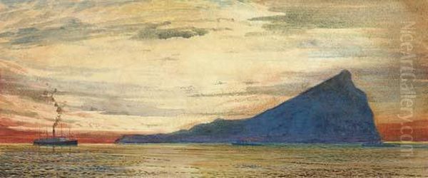 A Liner Steaming Past Gibraltar At Dusk Oil Painting by James Scrimgeour Mann